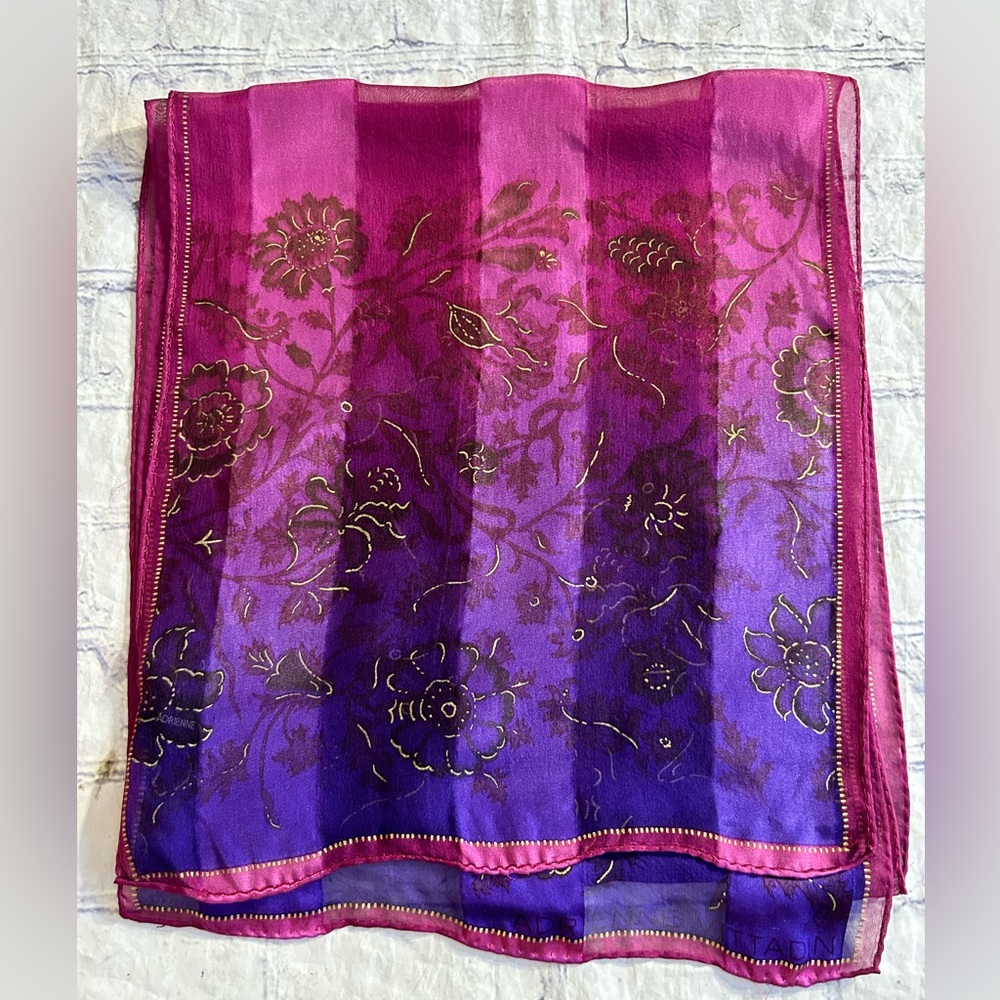 ADRIENNE VITTADINI 100% SILK WITH GOLD METALLIC FLORAL MULTI PURPLE SCARF O/S